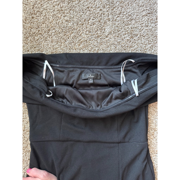 LULUS NWT Luxe Attitude Black Off-the-Shoulder Bodycon Side Slit Midi Dress MED - Picture 7 of 12